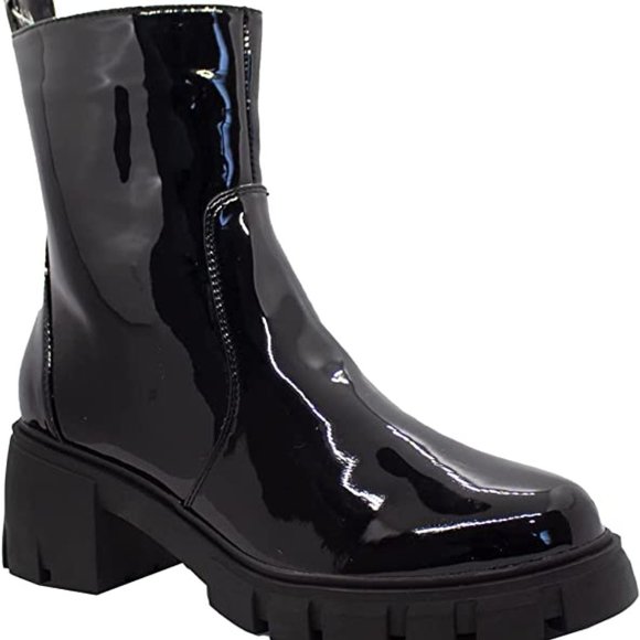 GIRL Jayce Women Ankle Boots Lug Sole Platform Chunky Block Heel Patent Leather - Picture 2 of 2